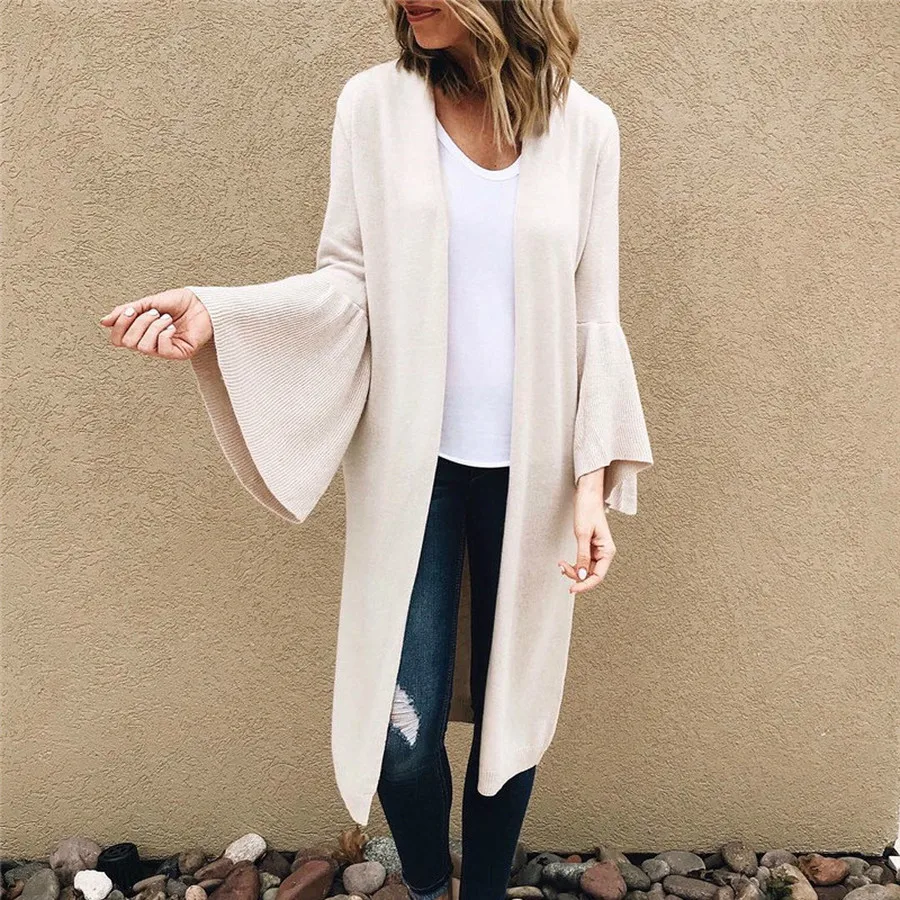 Повседневный тонкий вязаный свитер женский свободный расклешенный рукав теплый