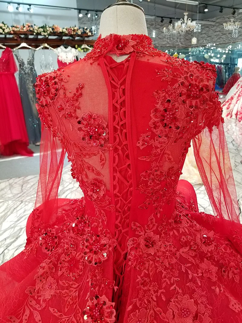 LS0993 Красный Высокая шея невесты праздничное платье Длинные Тюль рукава на шнуровке сзади красоты дешевые вечернее платье реальная цена