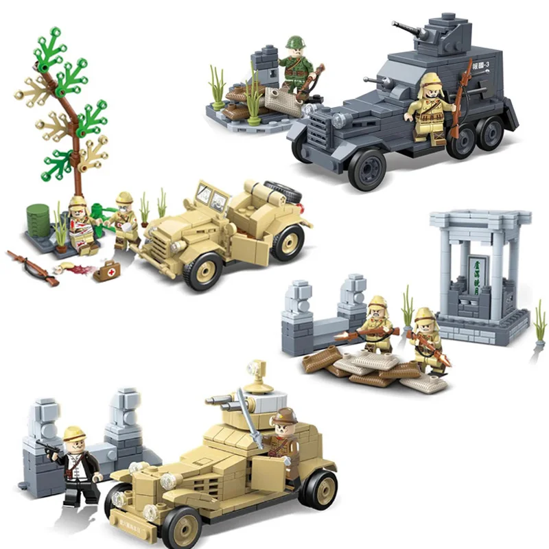 

4in1 WW2 Lugouqiao Incident Military Building Blocks Armored Vehicle Truck Army Soilder Mini Figures Bricks Toys for Kids Gifts