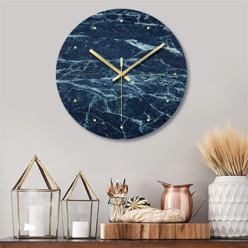 Nordic Minimalist Blue Marble Wall Clock Mute Quartz Clock Ornament Restaurant Living Room Circle Wall Clock Modern Home Decor