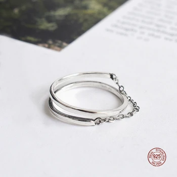 LKO Vintage Minimalism Chain Finger Ring 925 Sterling Silver Minority Design For Women Tide Flow Jewelry Adjustable Ring