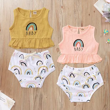 

Malapina 2020 Newborn Baby Girl Clothes Set Kids Round Neck Sleeveless Top Rainbow Shorts Outfits Summer 2Pcs Set Casual Costume