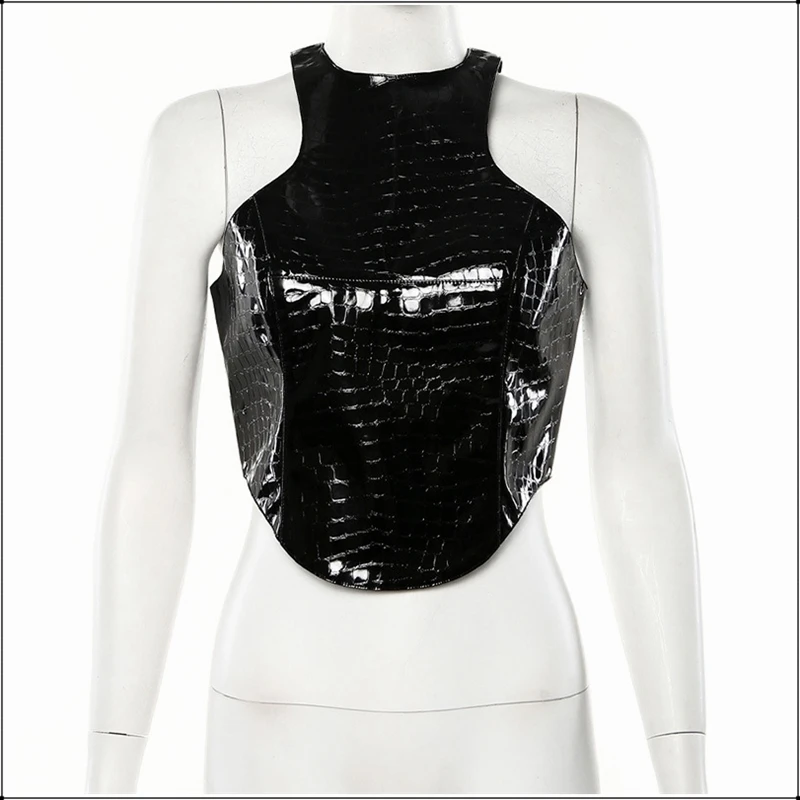 Женский сексуальный кожаный черный жилет летняя мода Bodycon Короткий Топ без рукавов на молнии сзади тонкий короткий топ сексуальный ночной клуб дамы