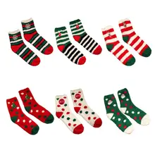 6 Pairs Womens Winter Fuzzy Slipper Socks Christmas Embroidery Thermal Hosiery Y1AC