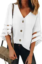 White/Black/Blue/Red Flare Sleeve Sexy V Neck Button Down Women?s Blouse Summer Fashion Button Down Front Casual Loose Blouse