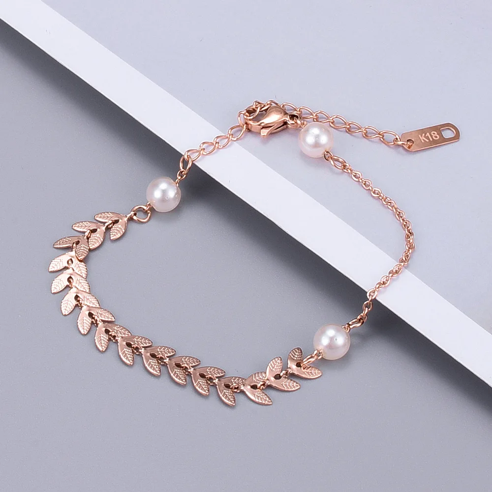 

Hongcheng Jewellery Titanium Steel Wheat Ear Pearl Bracelet Elegant Personality Lobster Clasp Charm Bracelet Women HCS04