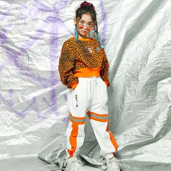 

Hip Hop Costume Girls Leopard Crop Top Hooded Jogger Trousers Kids Dance Costumes For Jazz Street Performance Set 110-180cm