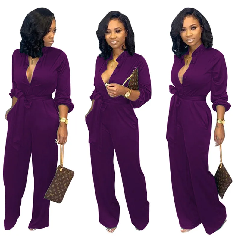 Элегантный Свободный комбинезон для женщин, повседневный комбинезон с широкими штанинами, Одноцветный цельный комбинезон с длинным рукавом, женская одежда больших размеров - Цвет: purple