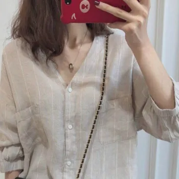 

Women Shirt V-neck Loose Linen Shirt