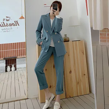 

Mozuleva Chic Blue Women Pant Suit Double-breasted Jacket & Pencil Pant Women Blazer Suit Set Female Workwear Trouser Suit 2019