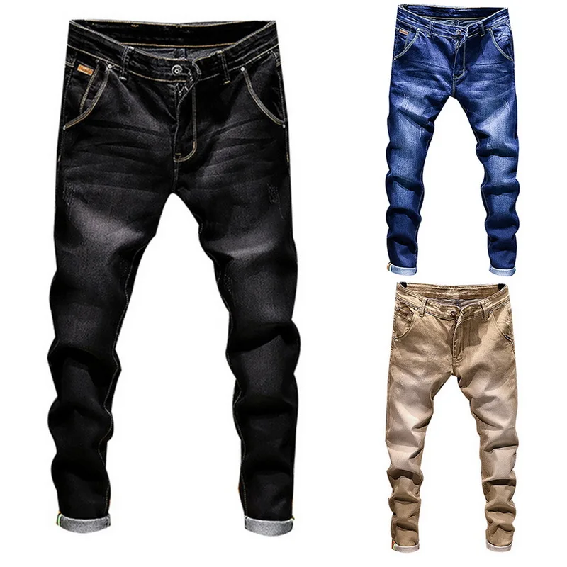 Новинка 2019 эластичные джинсовые брюки однотонные облегающие джинсы Мужские