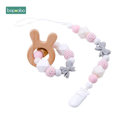 Pink Rabbit Bopoobo 1 шт., детская погремушка, соска с зажимом, пищевые силиконовые бусины для жевания, браслет для тренировок, Набор детских силиконовых сосок с цепочкой - Color: Pink Rabbit