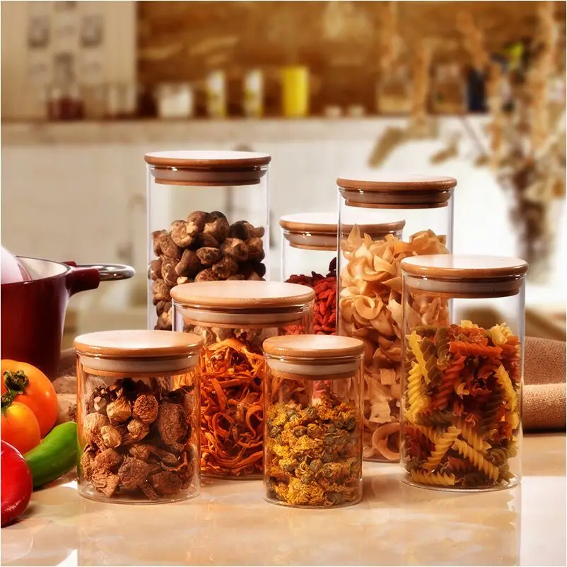 1X Storage Tank Food Container Bamboo Covered High Borosilicate Food Sealed Glass Tank Kitchen Miscellaneous Grain Organizer 4