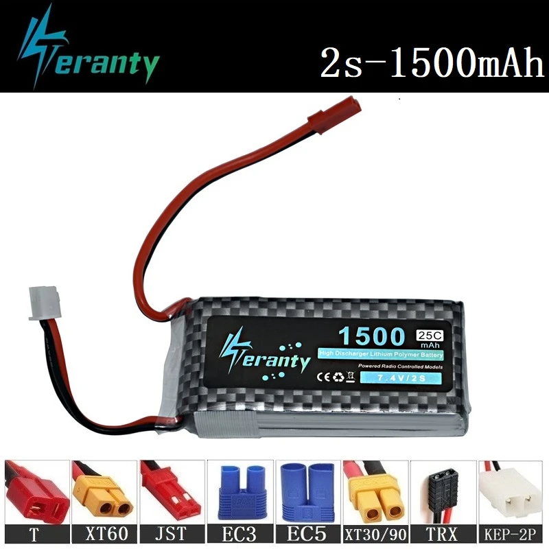 Teranty power 2s 7,4 V 1500mAh Lipo батарея для радиоуправляемых вертолетов, игрушек, автомобилей, лодок, дронов, Запчасти 2s батарея 7,4 v перезаряжаемая батарея 2 шт
