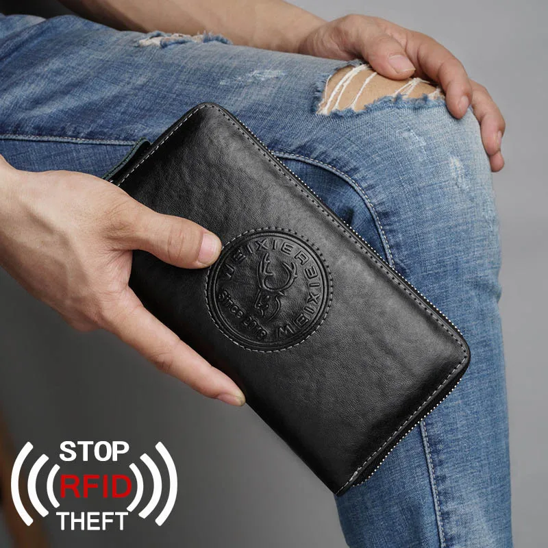 Винтажный кошелек из натуральной кожи с защитой от кражи RFID, кошелек на молнии, карман для монет, Обложка для паспорта, Длинный кошелек для мужчин, держатель для карт