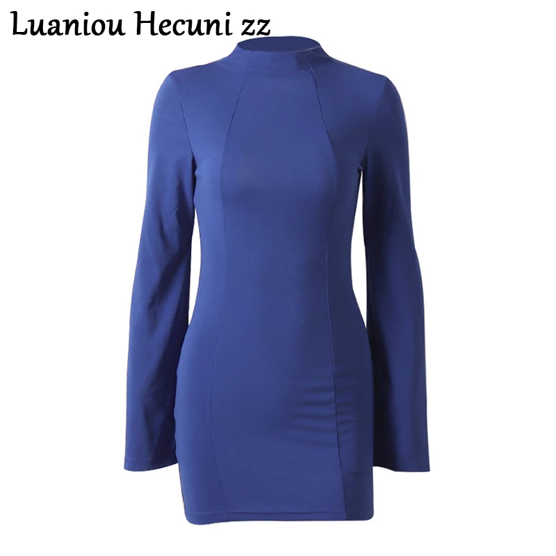 CHU Ni Осень Новое сексуальное платье с открытой спиной водолазка длинный рукав с разрезом женское платье элегантное платье для работы платья для женщин L163 - Цвет: Dark Blue