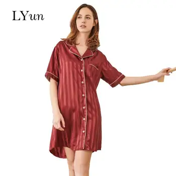 

LYun Women's sexy ice silk nightdress summer loose thin section short-sleeved simulation silk shirt nightdress home service