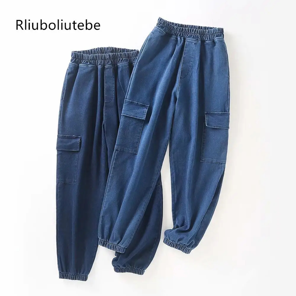 

elastic waist jeans cargo pants high waist blue casual women pants pockets autumn winter loose female jeans streetwear trousers