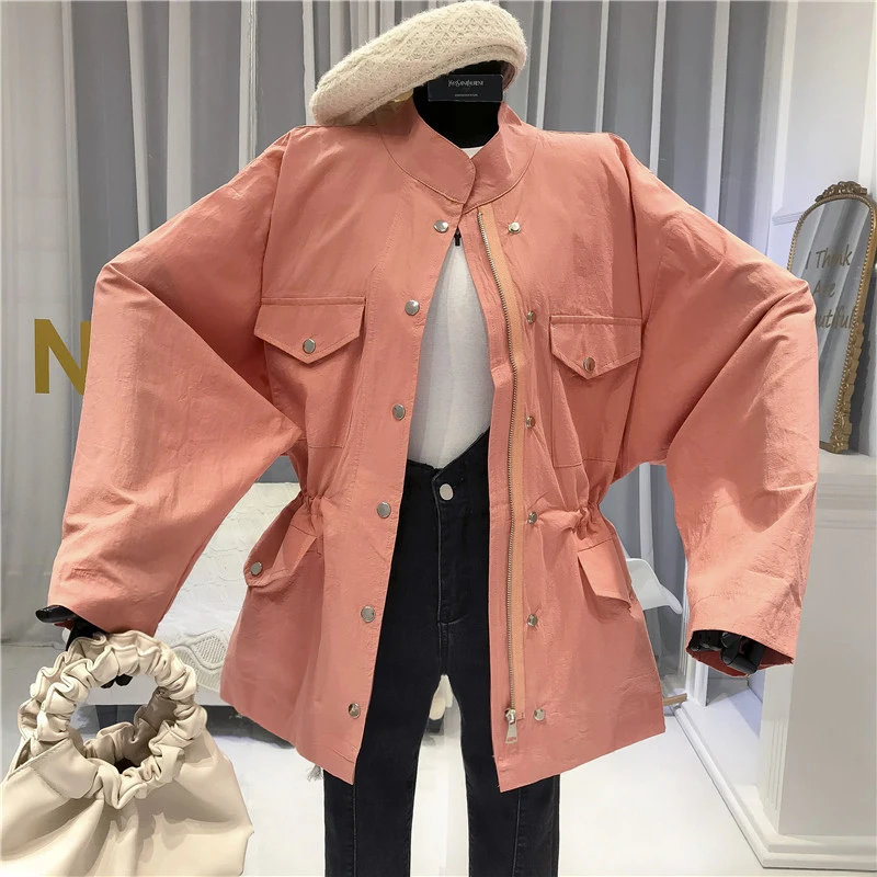 

2020 Spring Jackets Safari Style Pockets Solid Stand Single Breasted Wide-waisted Short Windbreaker Women Trending Products
