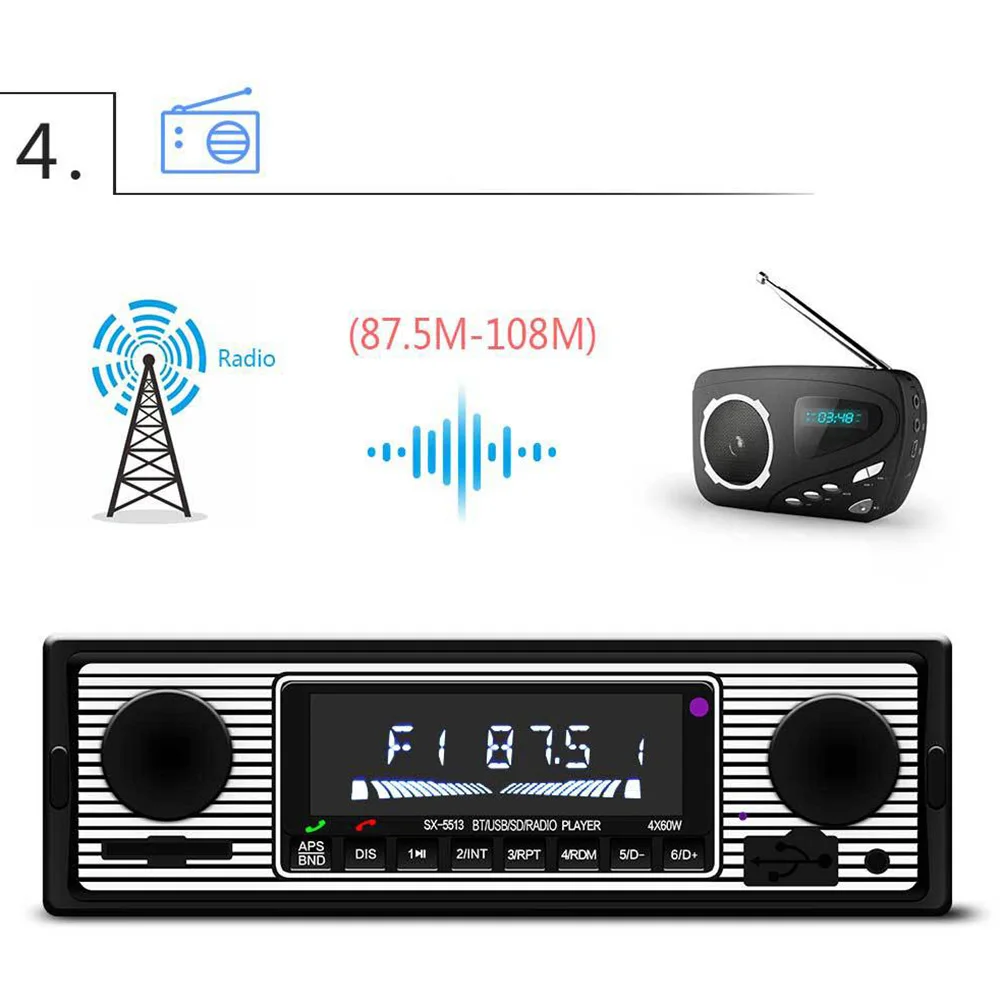 Car MP3 Player Stereo FM Retro Radio 12V Bluetooth Stereo MP3 USB AUX Power Cable Vehicles Radios Accessories
