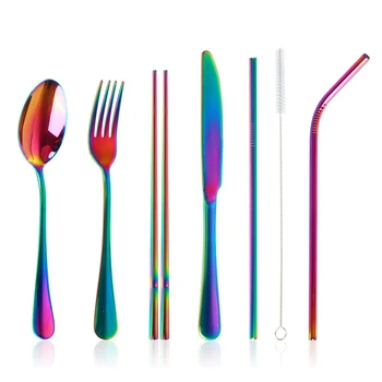 

Stainless Steel Flatware Set Reusable Cutlery Set Travel Utensils Set with Straws for Camping Office or School Lunch,Dishwasher