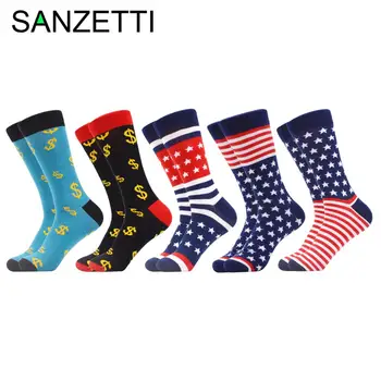

SANZETTI 5 Pairs/Men's New Arrival Colorful Casual Combed Cotton Happy Fun Dollar Design Socks American Flag Parade Party Sport