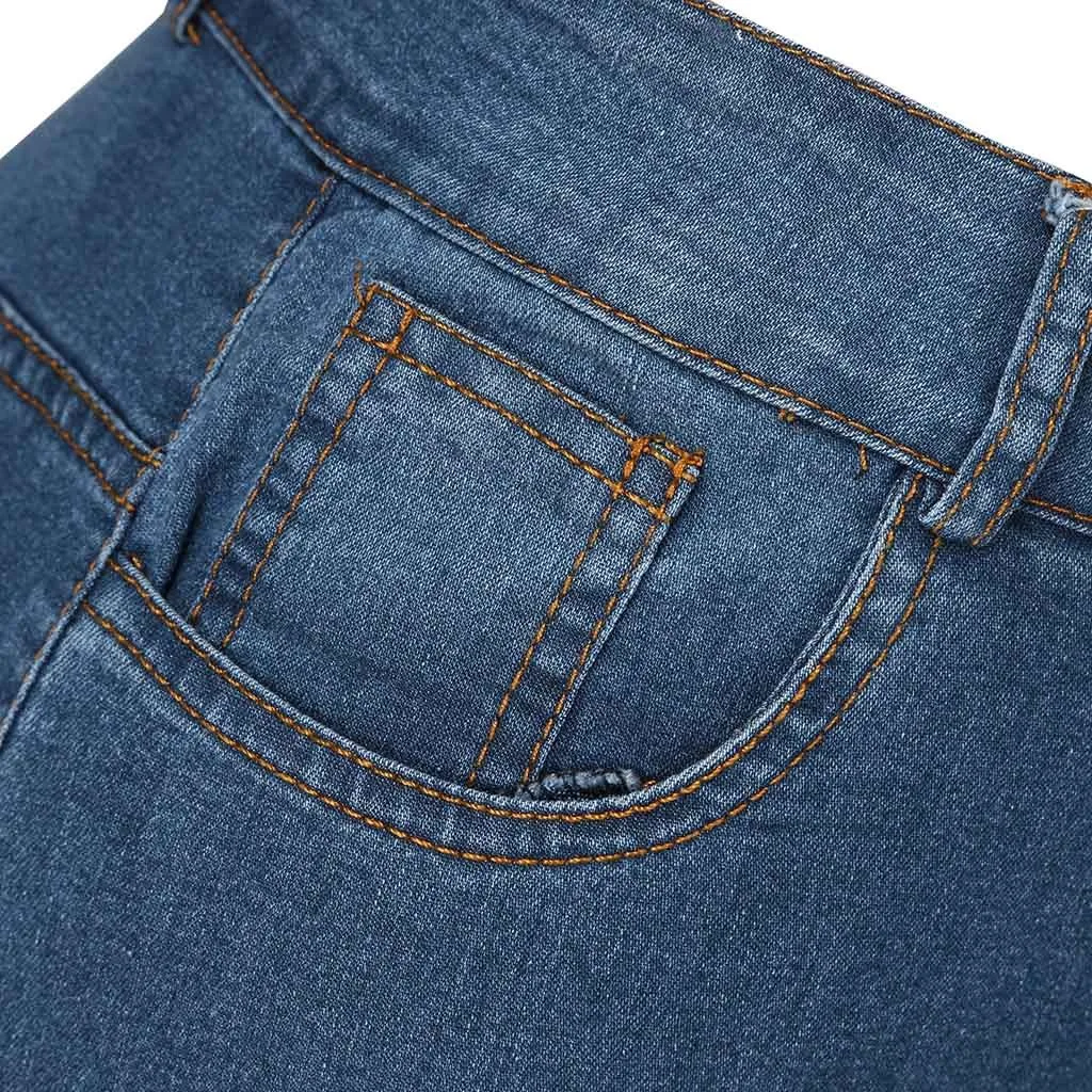 Plus Size Black Blue Jeans Women Destoryed Flare Jeans Spodnie Damskie Button Waist Bell Bottom Denim Long Pants Jean Femme#C11