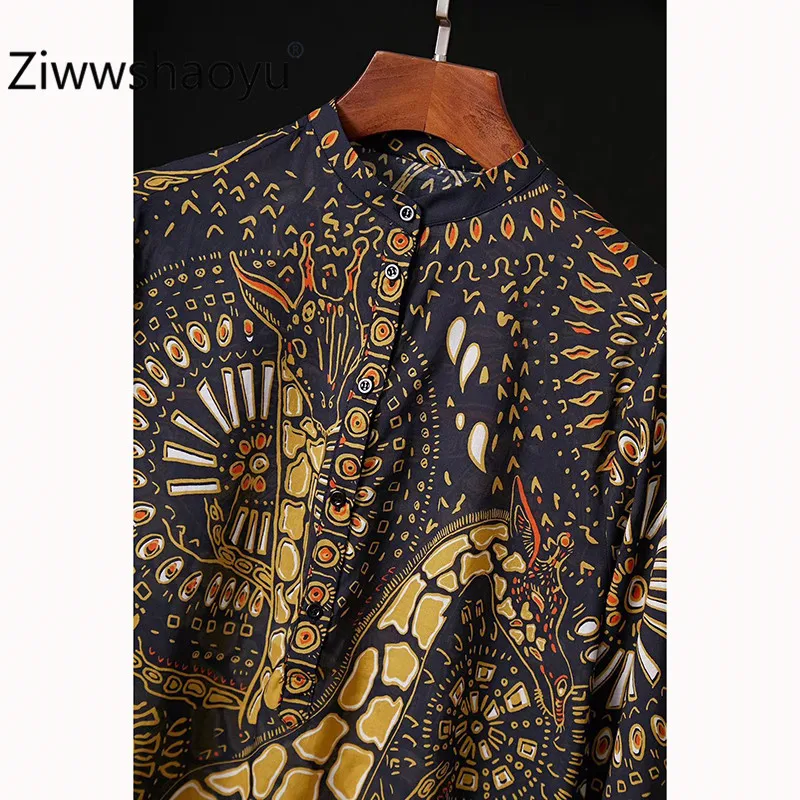  Ziwwshaoyu Runway Designer 100% Cotton Women's Long Blouse Long Sleeve Giraffe Print Cardigan Top F