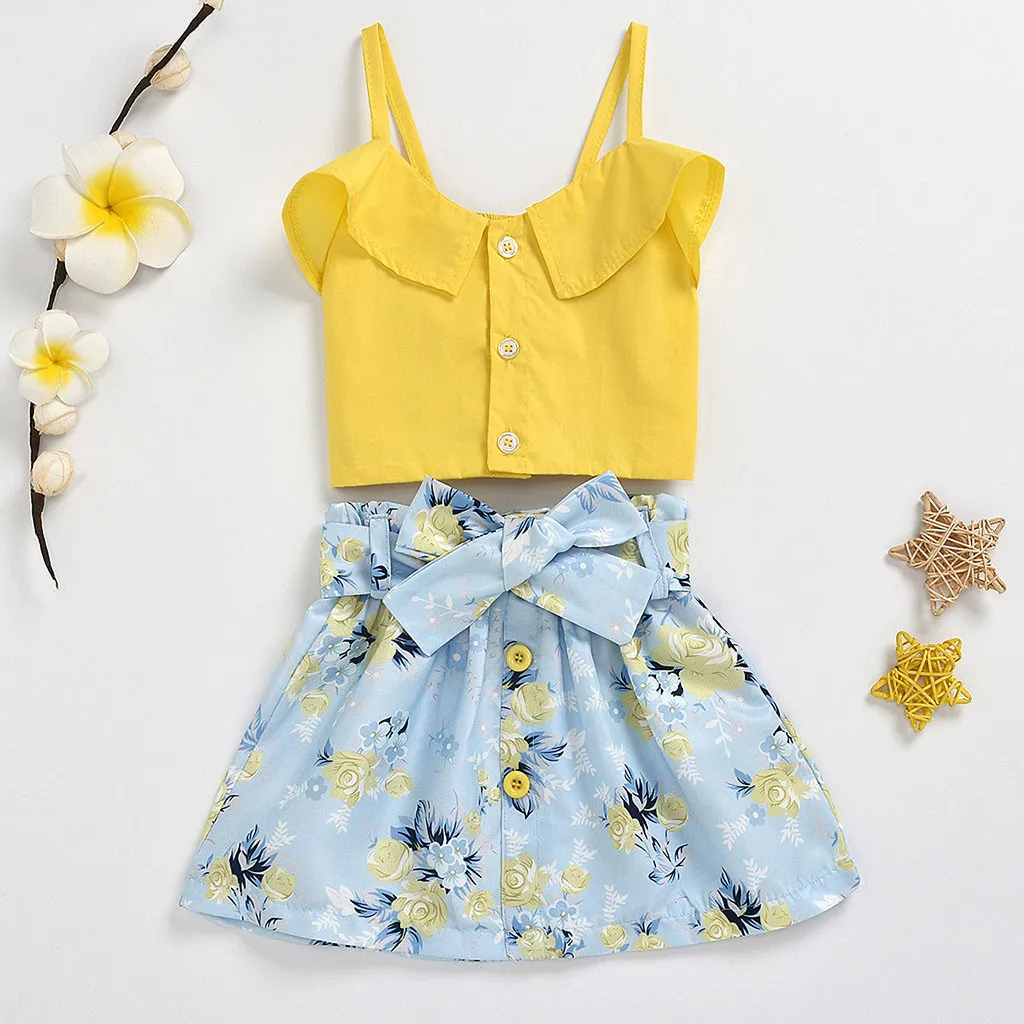 

(6M-4Y) Children's camisole top + printed bow tie skirt suit exquisite summer color matching fresh suit   S4