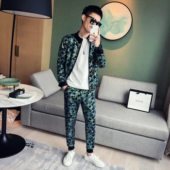 

Jacket+Pants Men's Floral Sets Fashion 2020 Slim Fit Los Hombres Conjuntos All Match Sportwear Tracksuit Men Clothing Streetwear