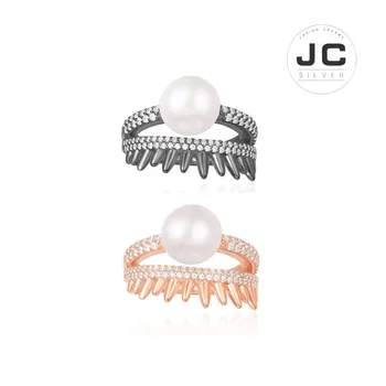 

New Fashion Charms Silver 925 Original Copy Jewelry,Dark Gray Silver Spike Ring With Pearl For Women With Mono Logo Zircon Gift