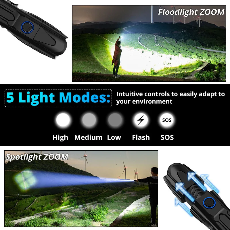 Мощный фонарик zoomable XHP90 светодиодный фонарик USB Перезаряжаемый 26650 фонарик 5 режимов использования Lanterna 26650 для кемпинга