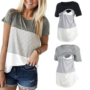 Women Maternity Breastfeeding Tee Nursing Tops Striped Short Sleeve T-shirt Plus Size S-2XL