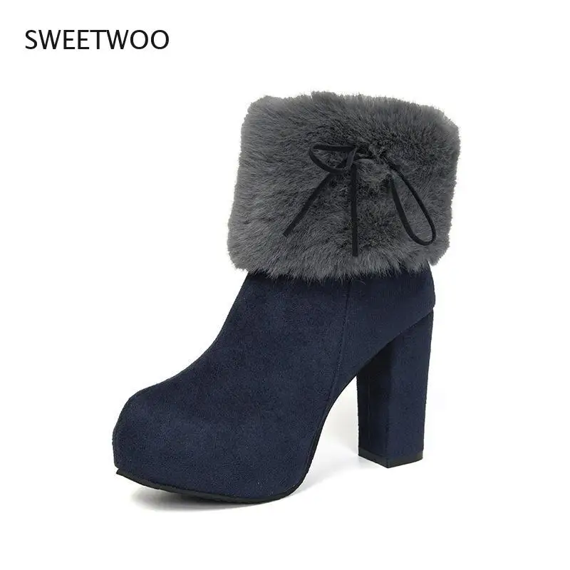 Women Thick Platform High Heel Boots Waterproof Velvet Ankle Boots For Winter 2021