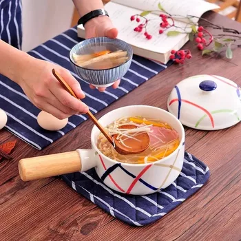 

FANTERCY Cookware Casseroles Japanese Simple Creative Bamboo Handle Hot Insulated Food Salad Noodle Ceramic Bowl Large Trumpet
