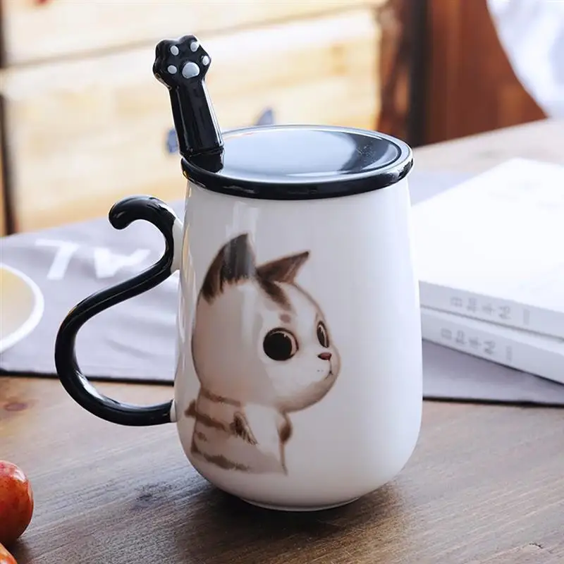 Керамическая кофейная кружка с милым рисунком кота с ложкой и крышкой, креативная большая кофейная кружка с здоровым котом 450 мл, чашка, кружка для путешествий
