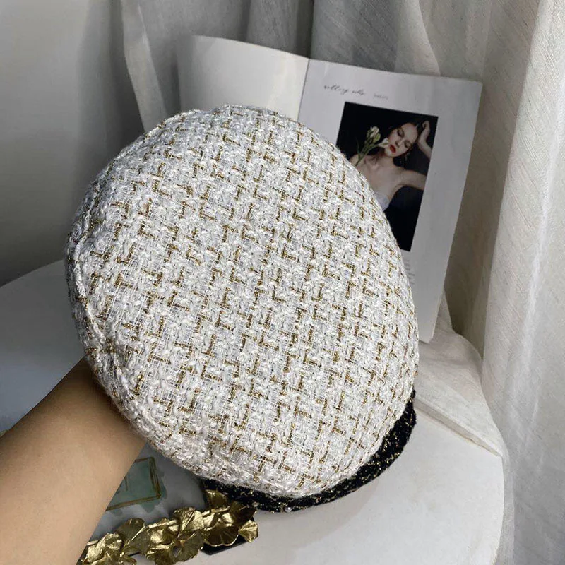 202008-chui  gold line plaid M letter pearl  lady  beret   hat women Leisure painter  hat mens winter beret