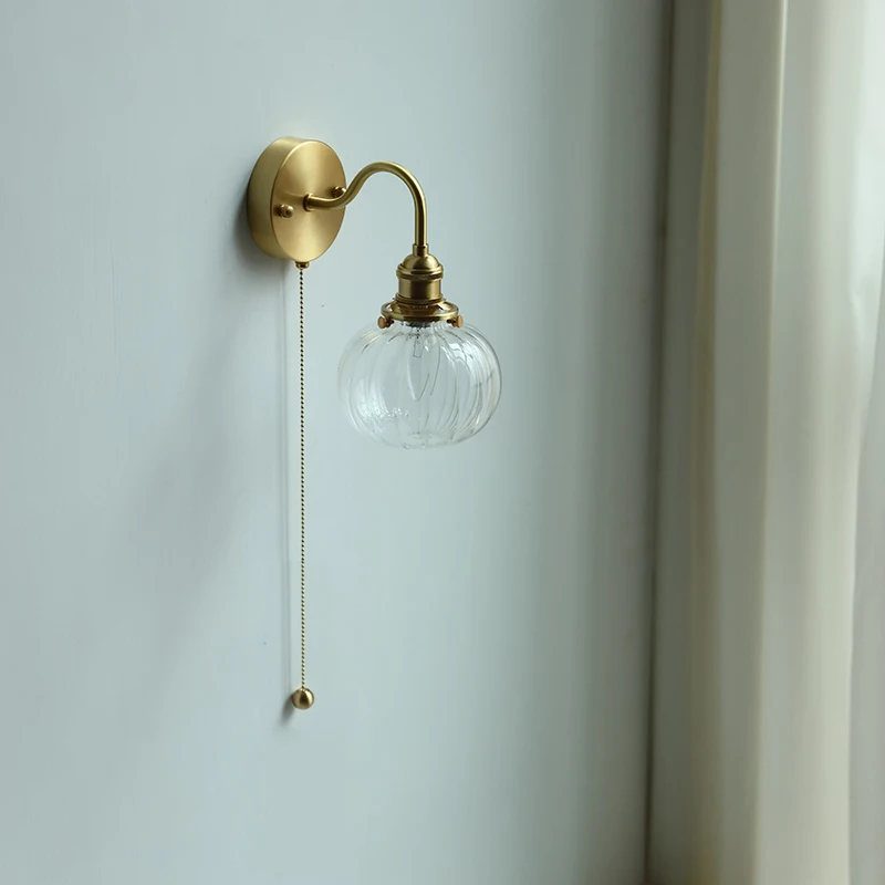 Nordic LED Bathroom Mirror Light Fixture Pull Chain Switch Home Lighting Copper Glass Wall Lamp Sconce