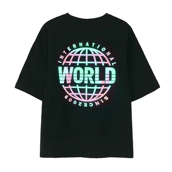 

IEFB / men's wear summer new black t-shirt for male 2020 Korean reflective printed loose short-sleeved cotton top big size Y2230