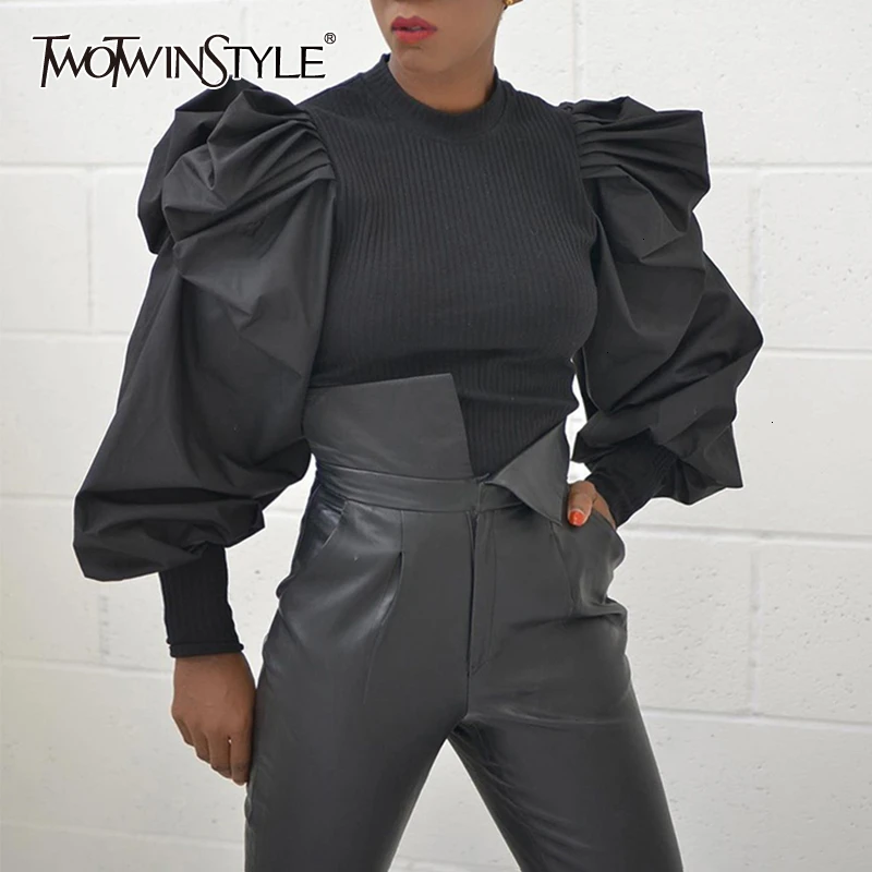 Koop Twotwinstyle Causale Patchwork Breien Ruches Vrouwen Truien O Hals Lantaarn Lange Mouwen Trui Voor Vrouwelijke Mode Kleding Nieuwe