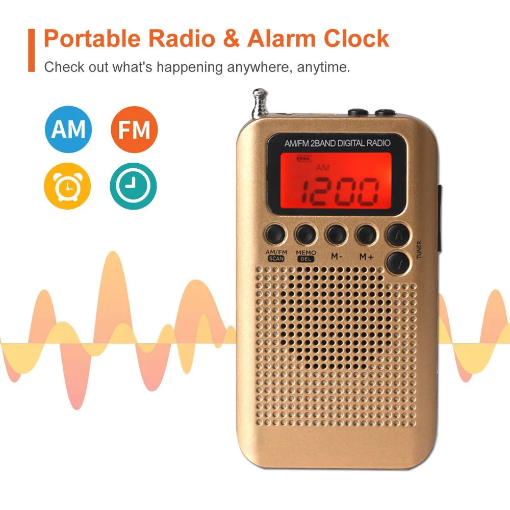 Portable Radio Mini LCD Digital FM AM Speaker with Alarm Clock and Time Display Function 3 5mm Headphone Jack and Charging Cable