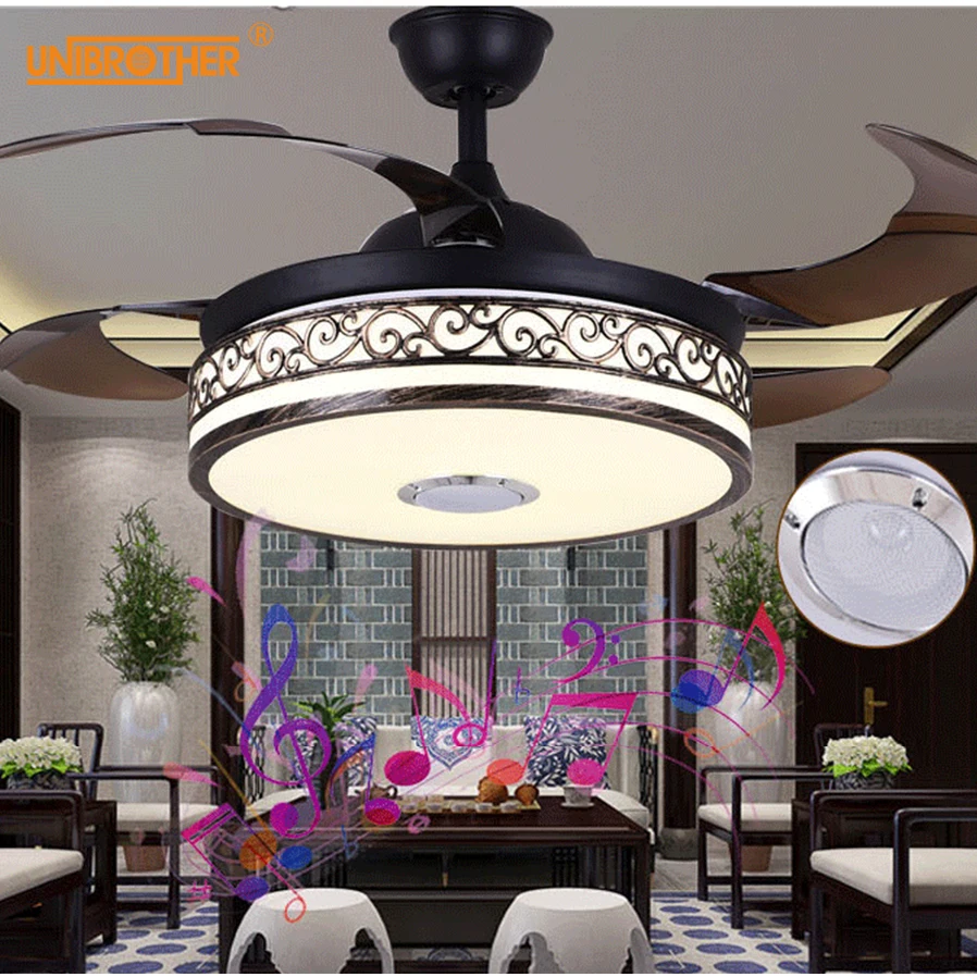 

LED ceiling fan lamp with light 42 inch Bluetooth stereo remote control Chinese style bladeless silent for bedroom living room