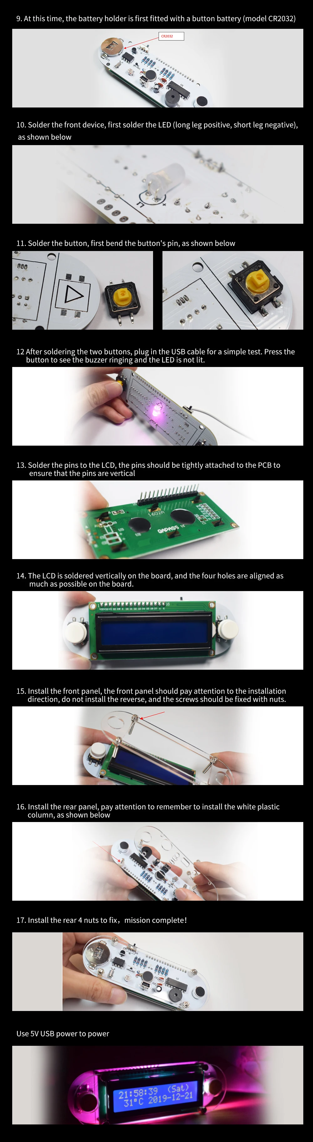 Свечной эффект LCD1602 часы с вибрацией DIY Kit эффект свечей DIY электронные цифровые часы набор с ярко-розовым светодиодный