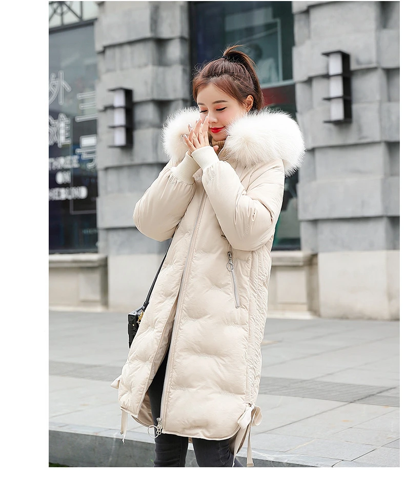 Женская зимняя куртка длинное зимнее плотное пальто для женщин однотонное с капюшоном меховое пуховое хлопковое пальто теплая Женская одежда Зимний бант