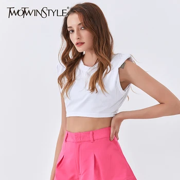 

TWOTWINSTYLE casual solid color women's short t-shirt o neck sleeveless with shoulder pads slimming for female cropped t-shirts