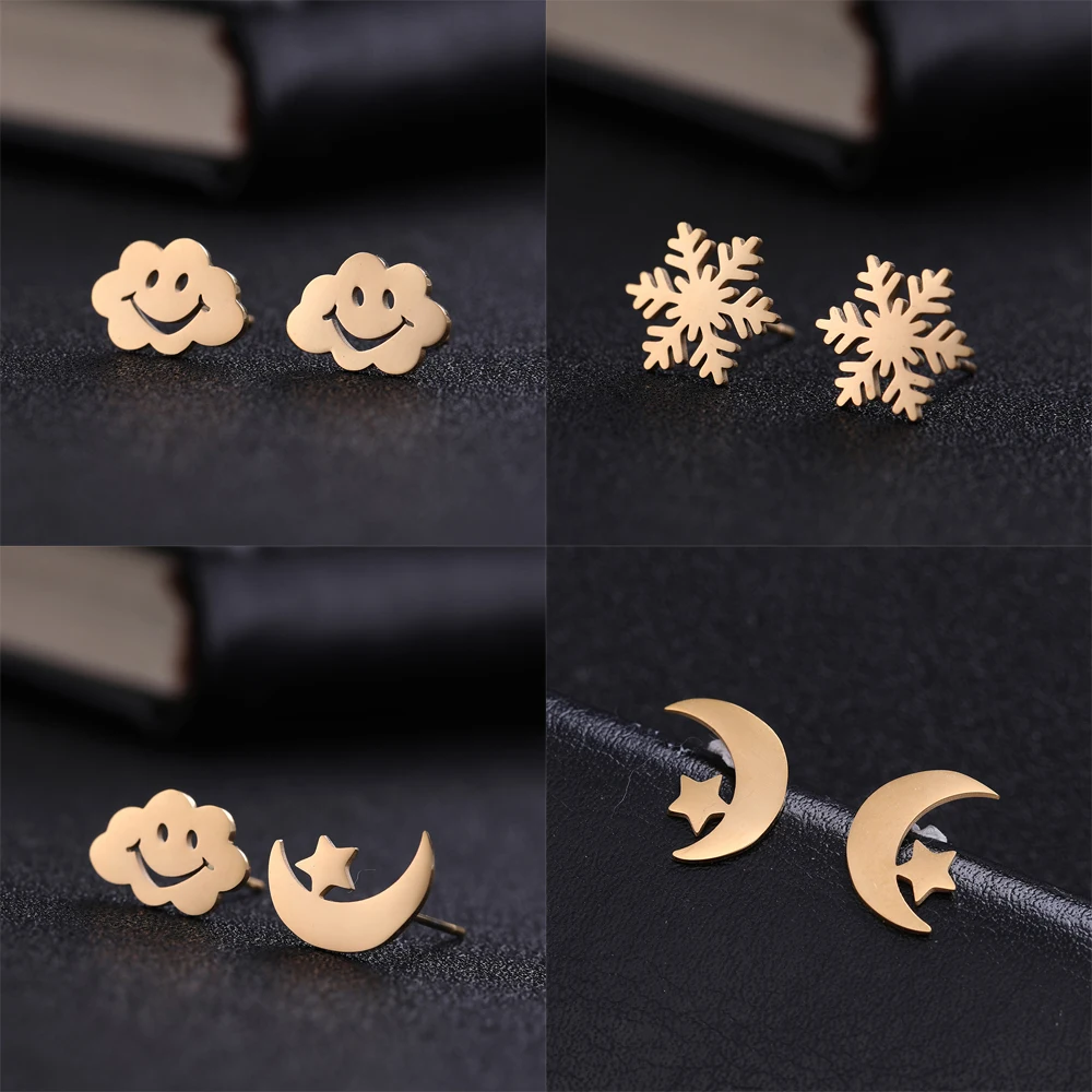 

My Shape Silver Color Stud Earring Cloud Moon Star Cat Snowflake Butterfly Animal Stainless Steel Small Earring Women Earrings