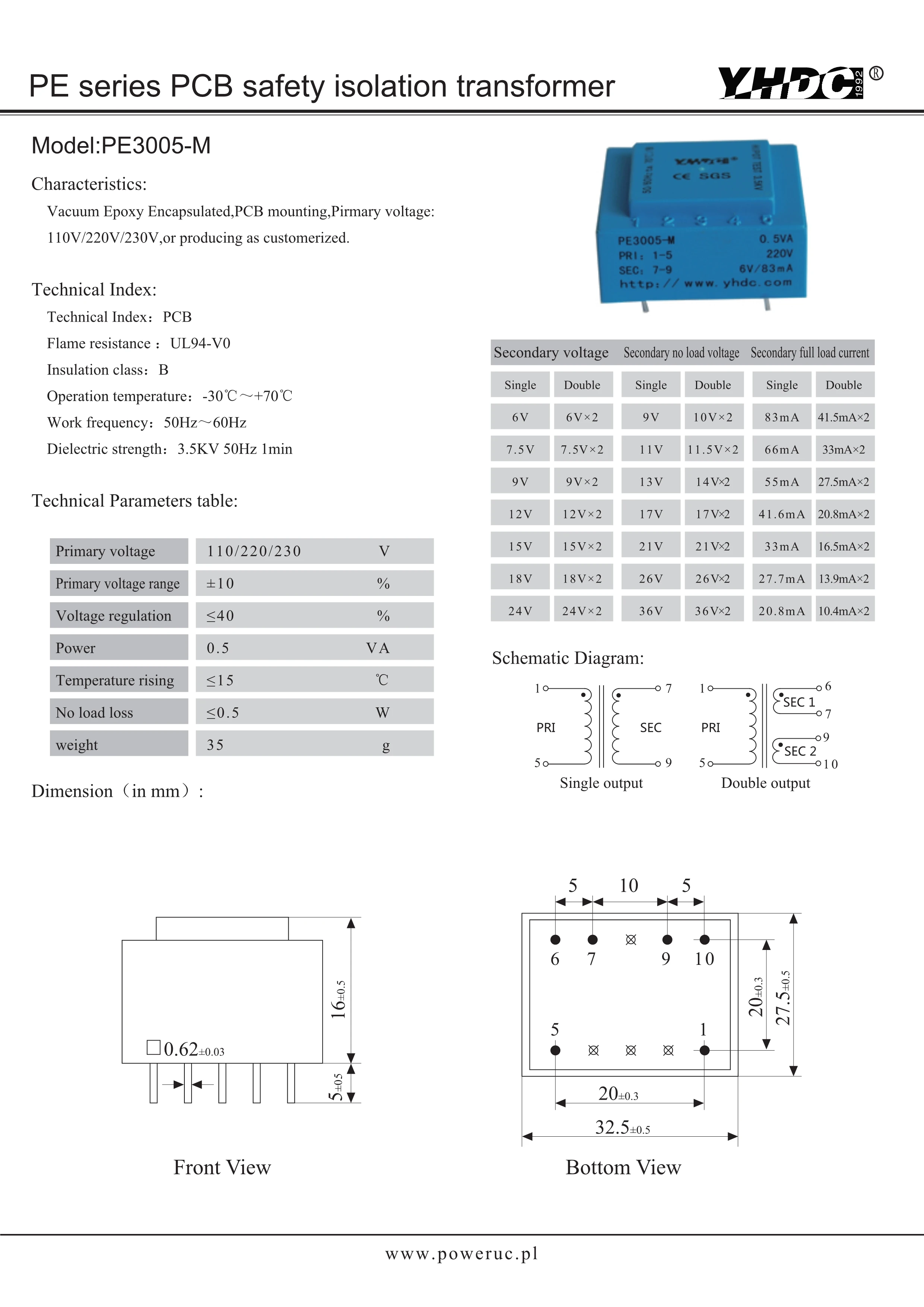 PE3005 M 220 ва в 12 В для монтажа печатных плат Инкапсулированный трансформатор YHDC|12v