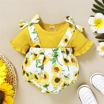 

0-18M Newborn Baby Girl Clothes Infant Short Sleeve Top+Floral Suspender shorts Toddler Baby clothing Summer Cute Outfits Set