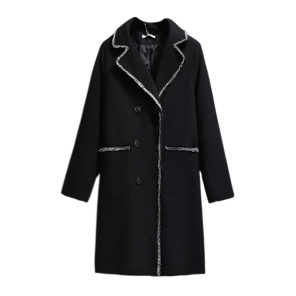 Осенне-зимнее шерстяное пальто размера плюс для женщин, большое повседневное свободное прямое толстое длинное пальто, черный Тренч 3XL 4XL 5XL 6XL 7XL - Цвет: Черный