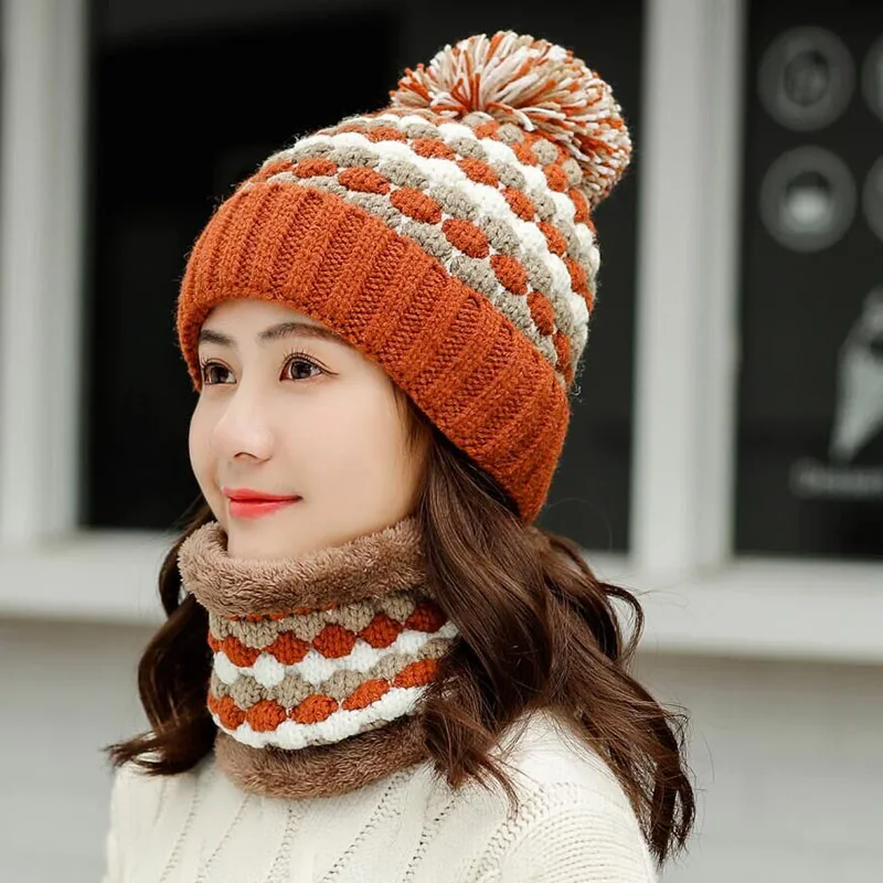 HANGYUNXUANHAO новые зимние женские бархатные шерстяные шапки скрученные цвета, подходящие шапочки Skullies Hat женские шапки для верховой езды трикотажные головные уборы наборы - Цвет: Hat scarf  caramel